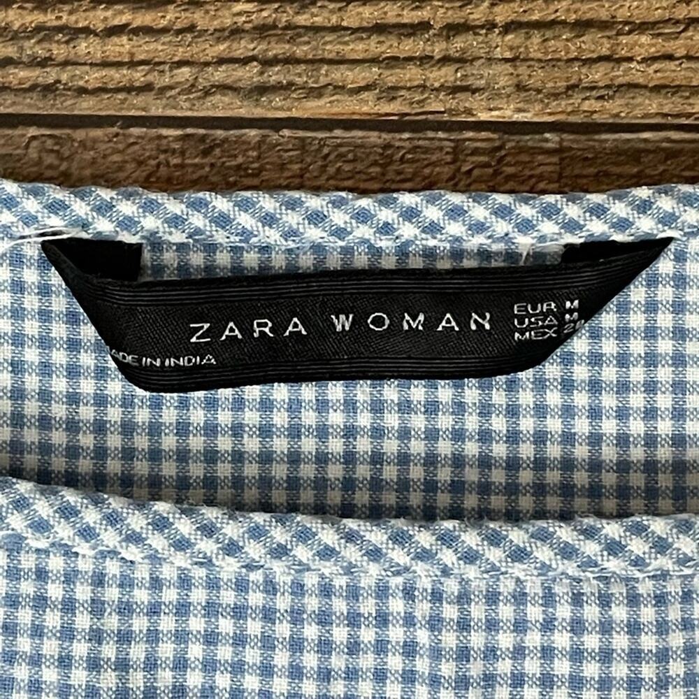 Zara Woman Blue White Gingham Check Floral Embroidered Tunic Top SZ Medium - Picture 5 of 11